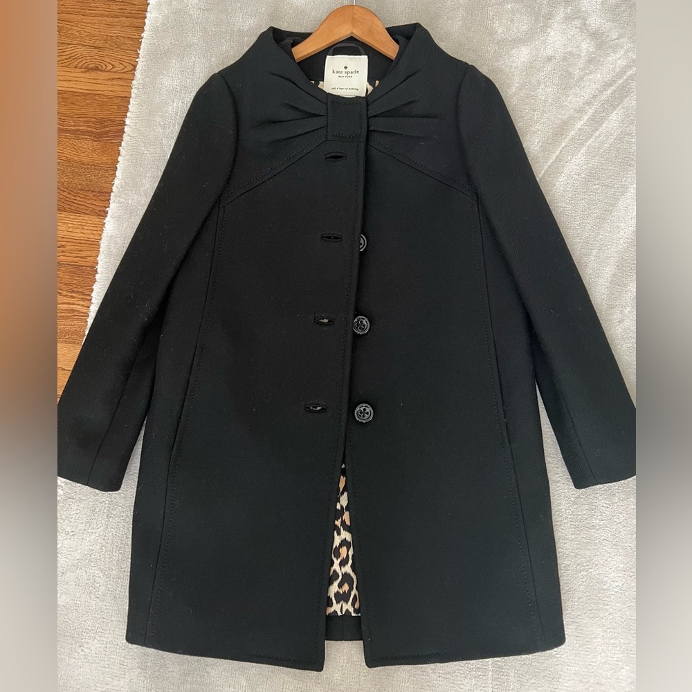 KATE SPADE New York Etta Dress- Black Wool-Bow Front- Leopard Lining - SZ 4